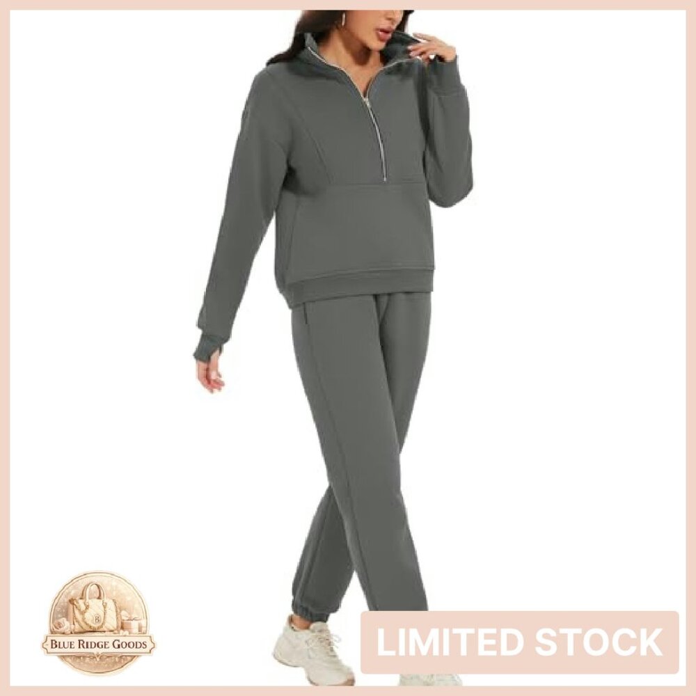Fleece Half Zip Pullover Lounge Set Oversized Comfy Y2K Chic Sweatsuit - Picture 4 of 8